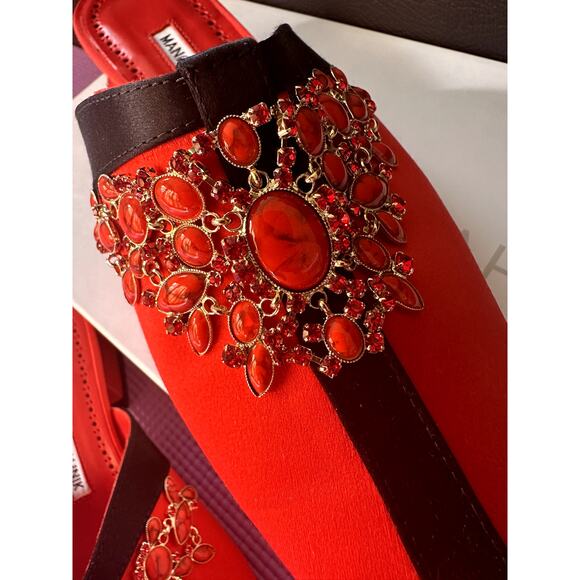 Manolo Blahnik RARE Red Black Silk Embellished Mules Clogs Size 38 NEW Shoes - Picture 2 of 9